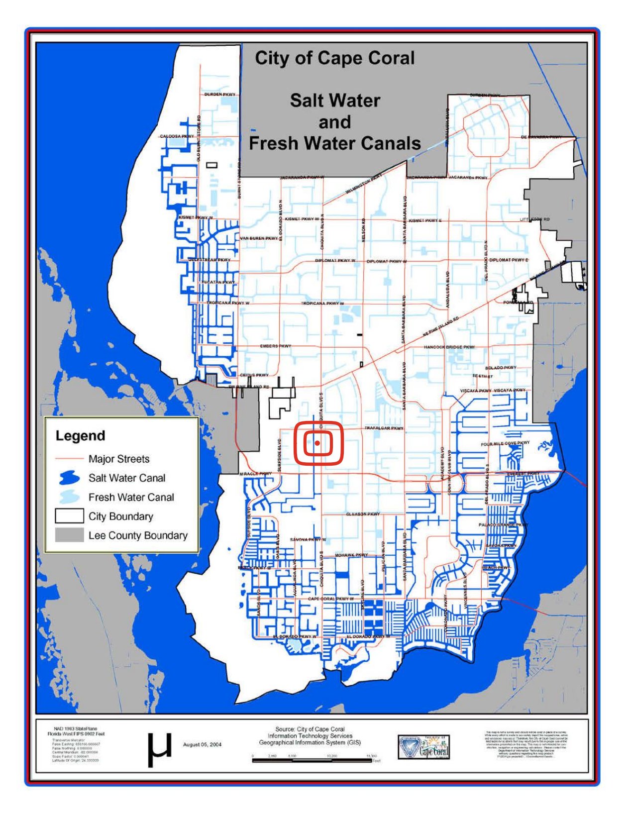 City of Cape Coral official salt water and fresh water canal map with a red marker on 1826 SW 17th Ave, whose canal is drawn in the dark blue salt water color